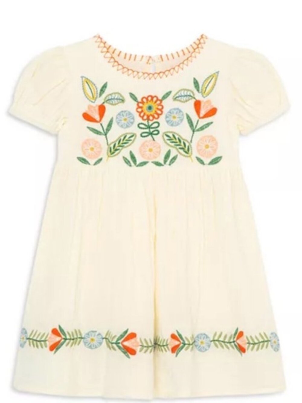 Peek Baby Girl Cream Dress Colorful Folk Floral Embroidery Size 6-12M.